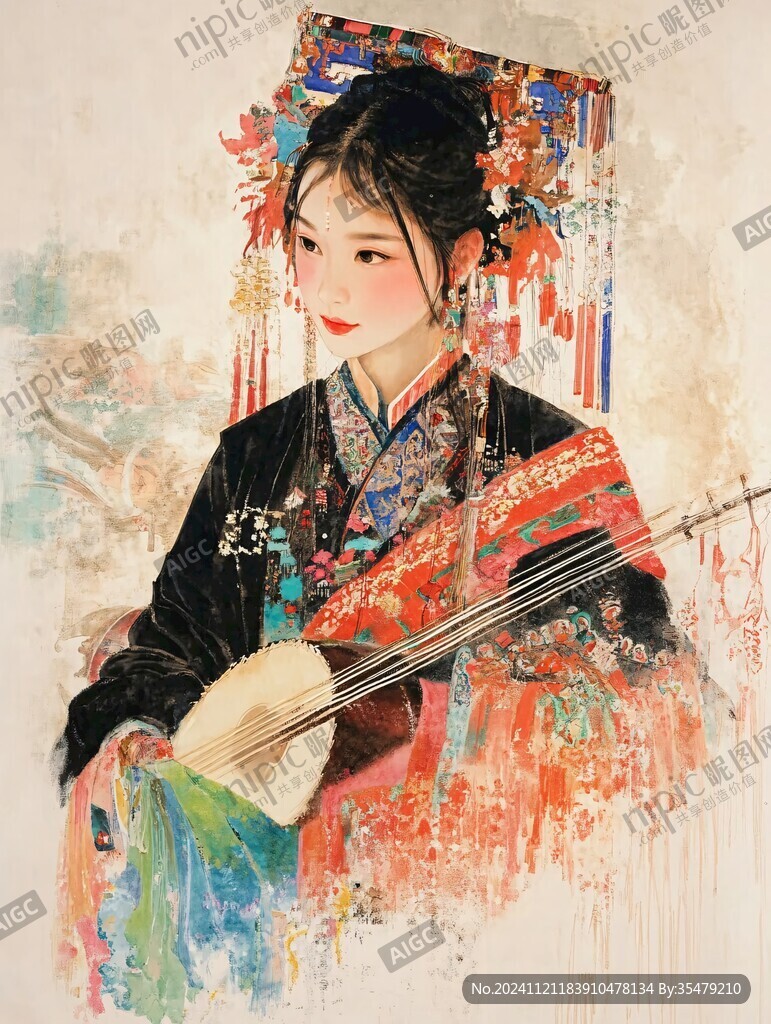 水彩古装美女琵琶