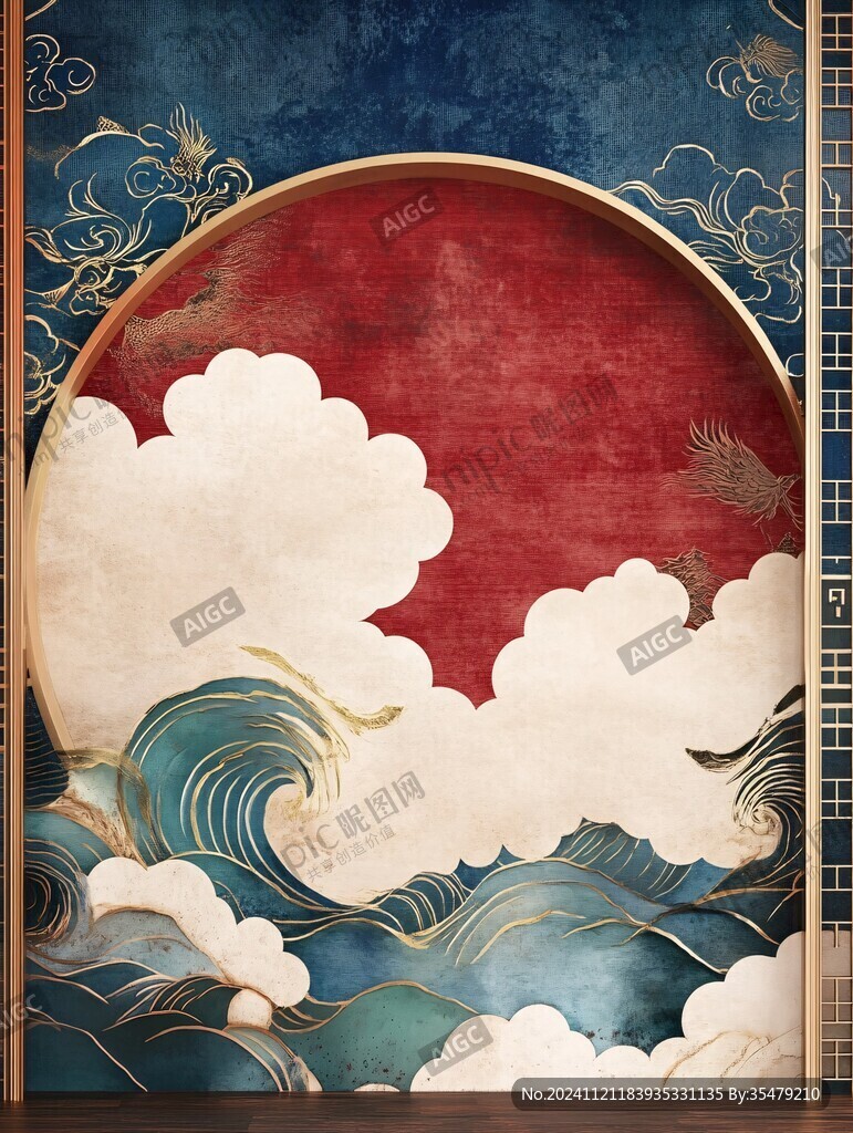 海浪仙鹤云纹中式背景