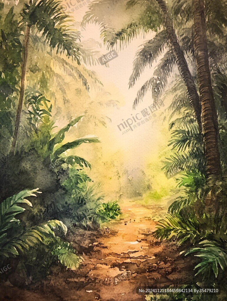 热带风景水彩画