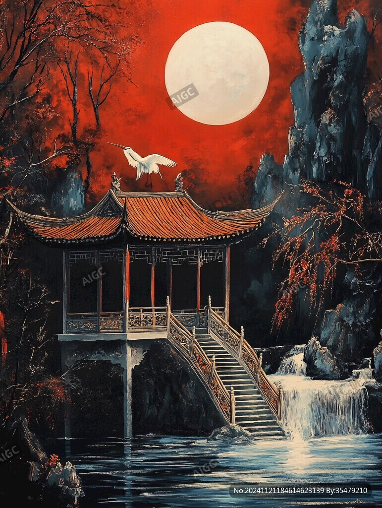 中秋楼阁仙鹤图