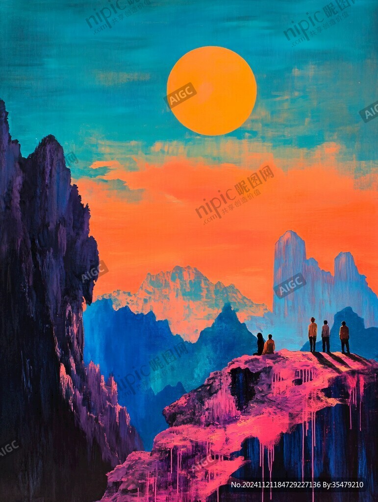 远山朝霞油画