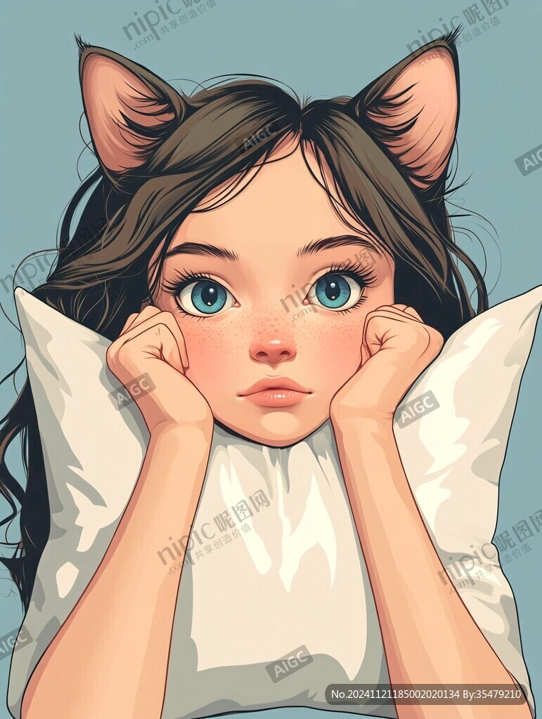 躺在猫身上的女孩插画