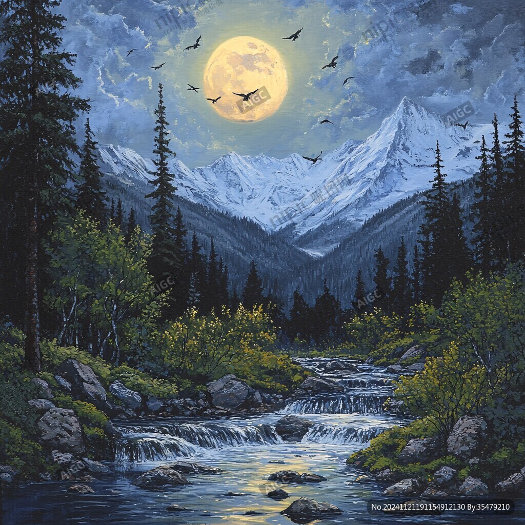 风雪流水山脉油画