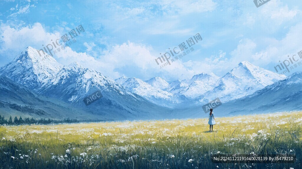 手绘草原草雪山