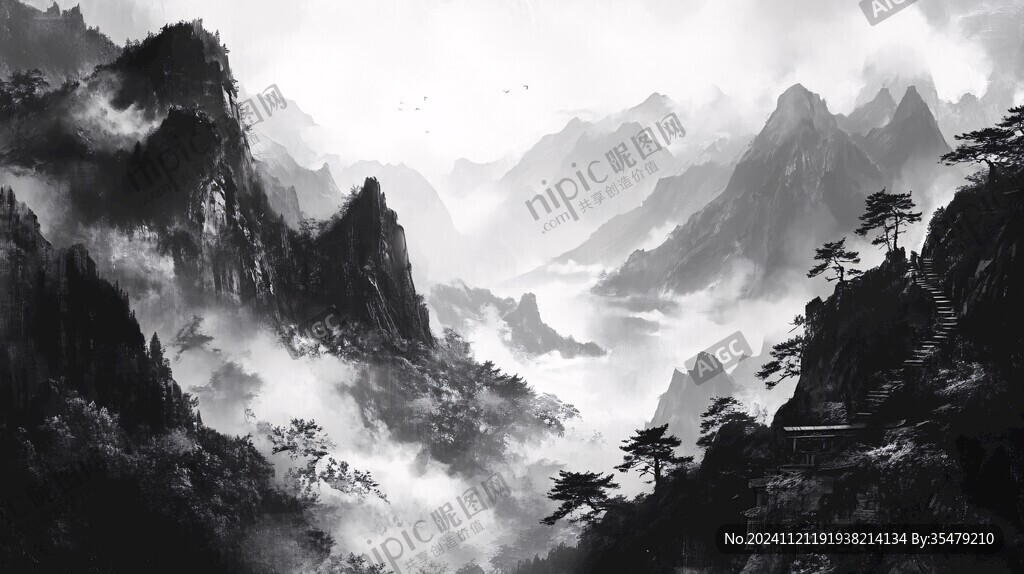 山水画黑白云海