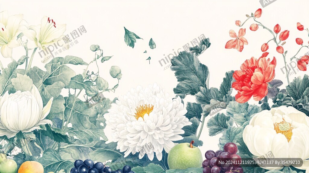 手绘牡丹花鸟壁画
