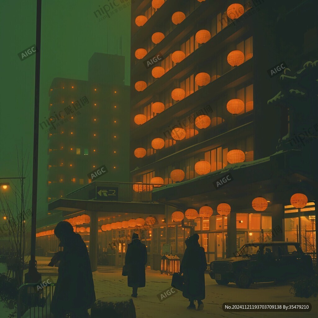 城市街头晚霞路人