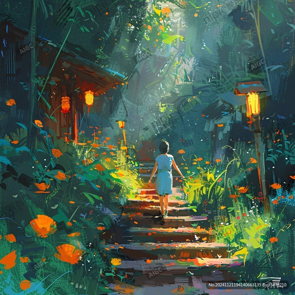 场景插画植物少女