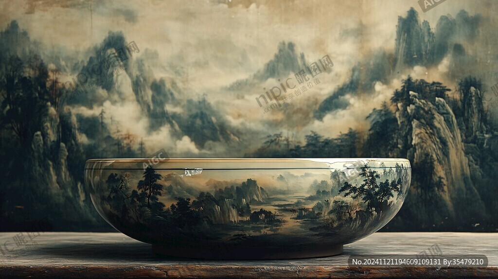 山水风景图瓷缸
