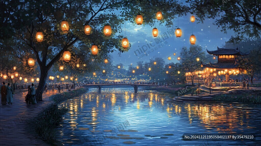 夏日放河灯场景
