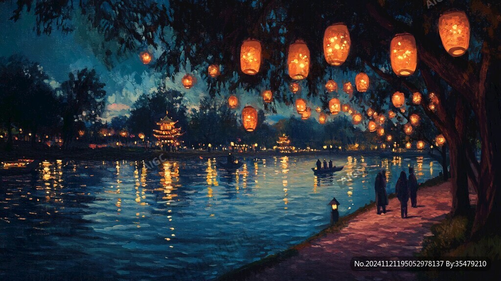 夏日放河灯场景