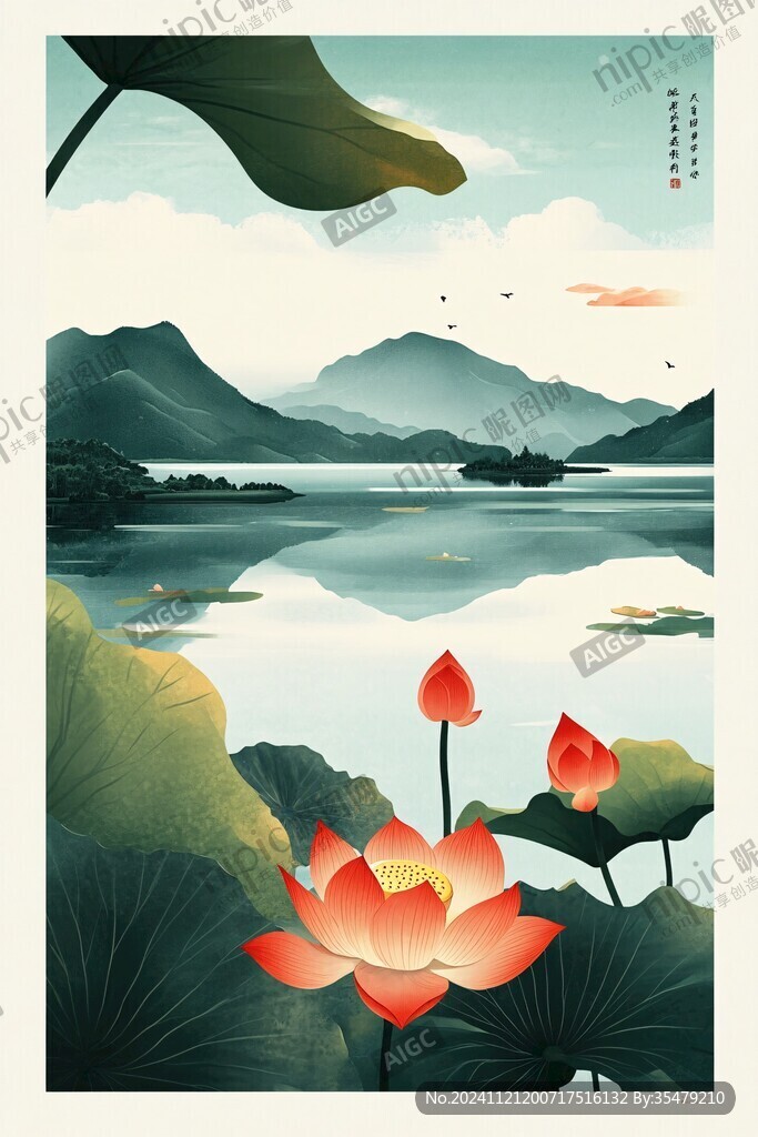 插画山水湖