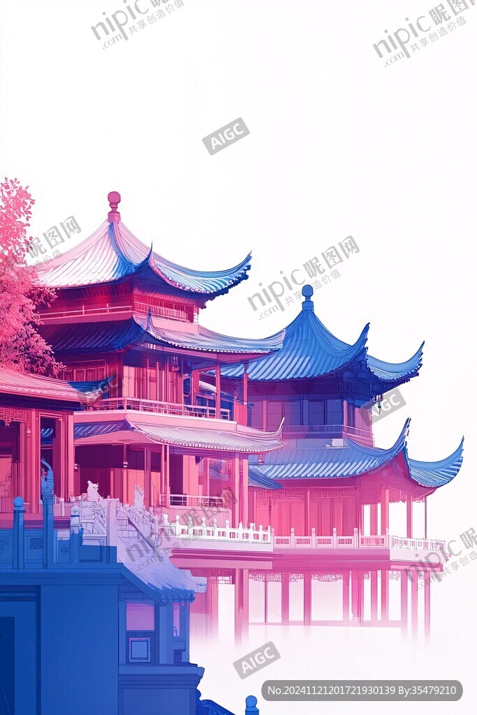 亭台楼阁意境插画