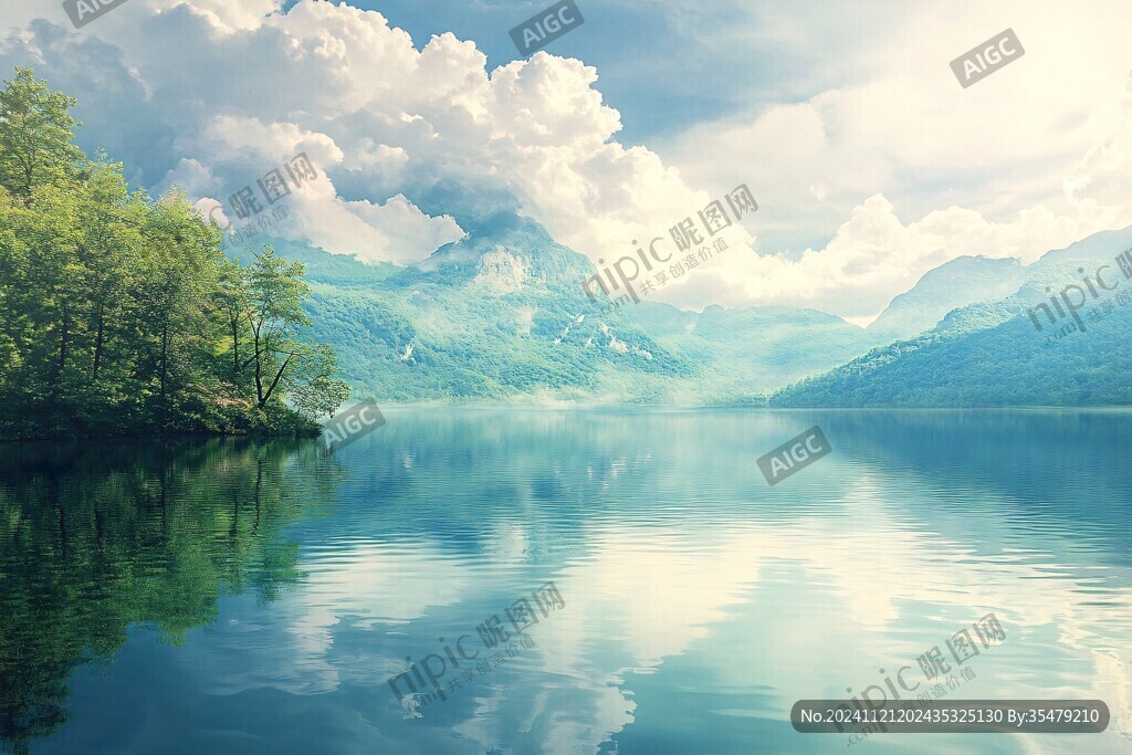 蓝天白云绿水山林背景