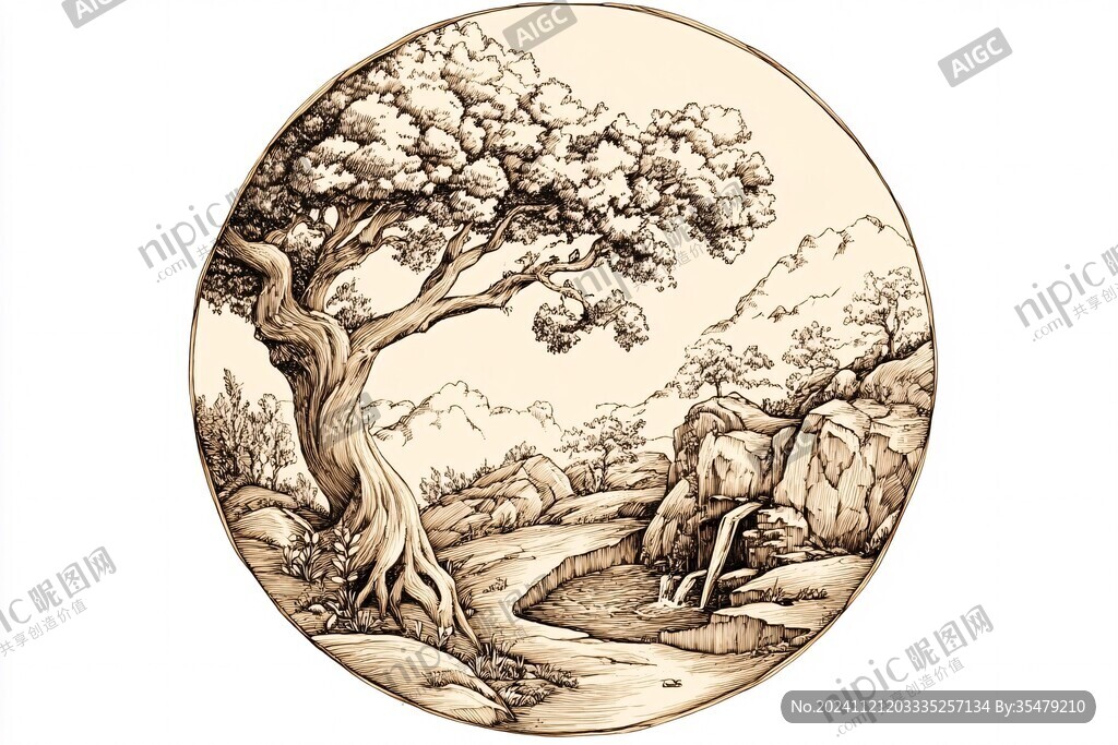 圆形手绘山水画