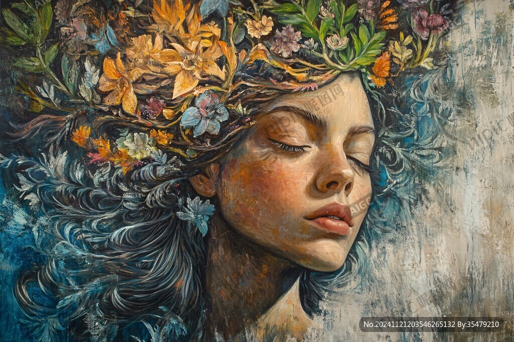 彩绘女人植物抽象画