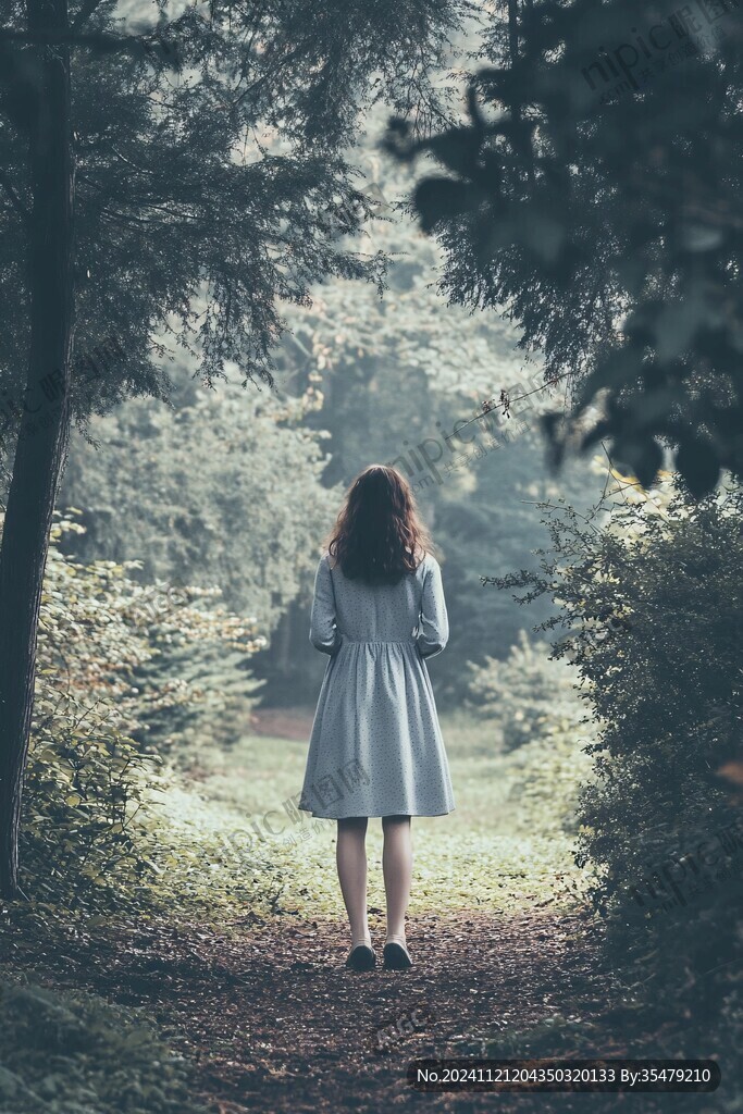 林中女孩背影