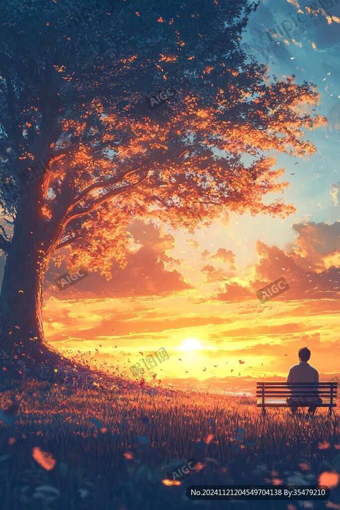 插画夕阳下