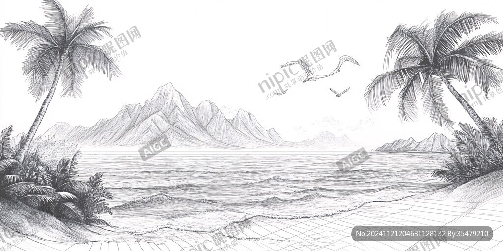 线描水景海景
