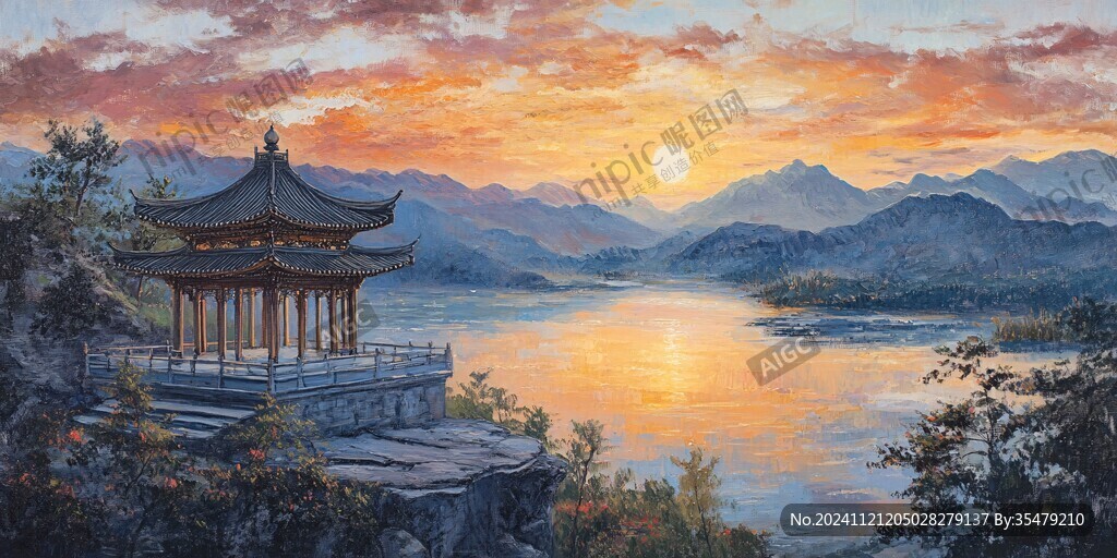 古风亭台楼阁油画