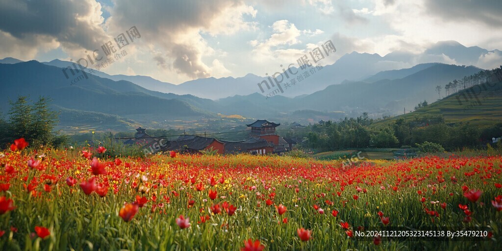 花海远山云雾