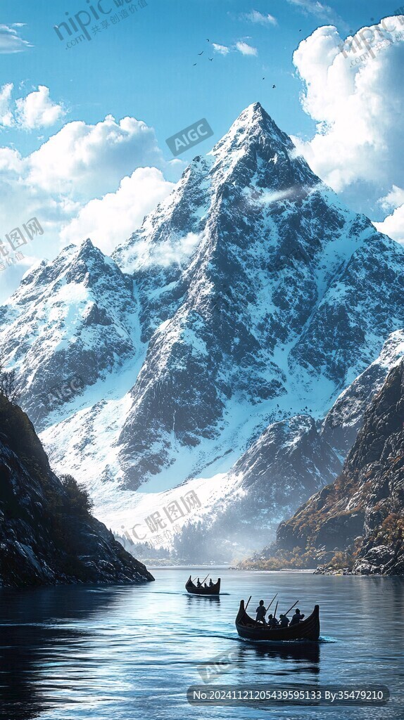 雪山渔舟河流山峰环保