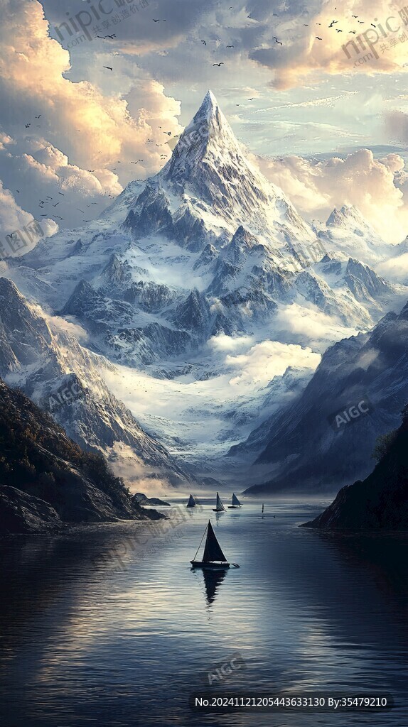 雪山渔舟河流山峰环保
