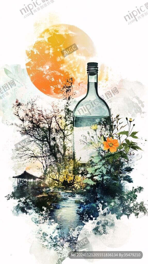 酒坛水墨插画