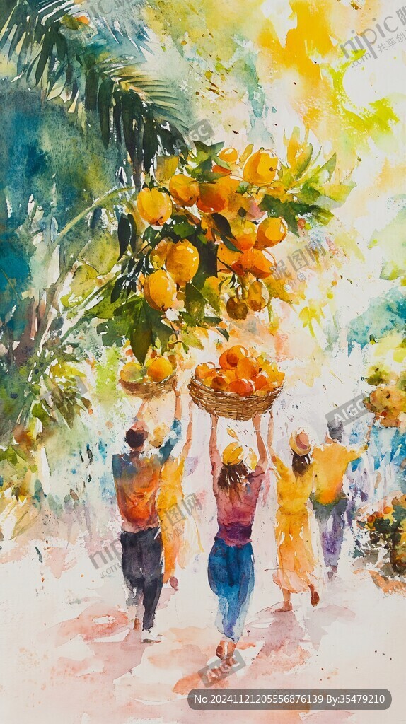 摘柑果手绘插画