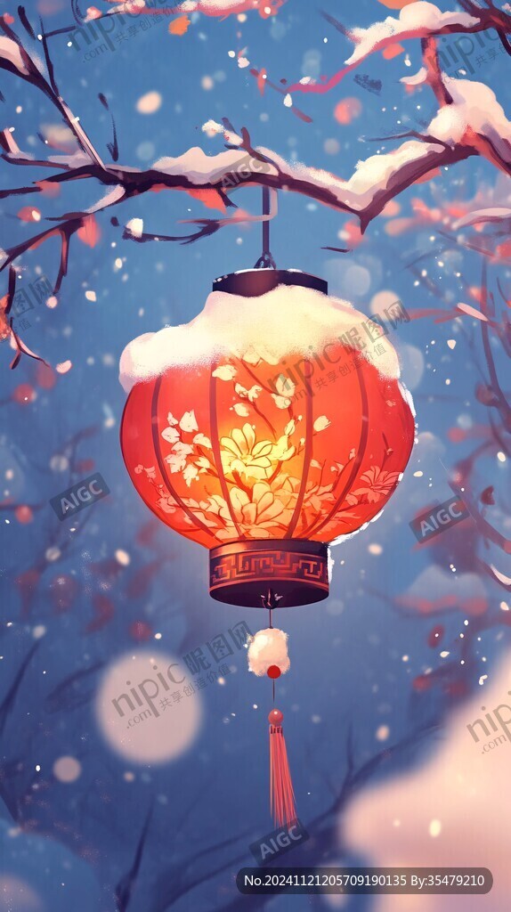 飘雪雪花雪景灯笼