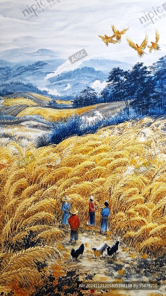 麦田丰收风情油画