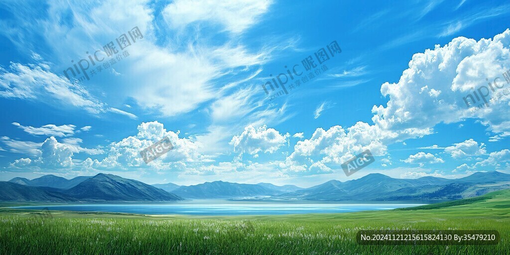 蓝天白云草地湖泊