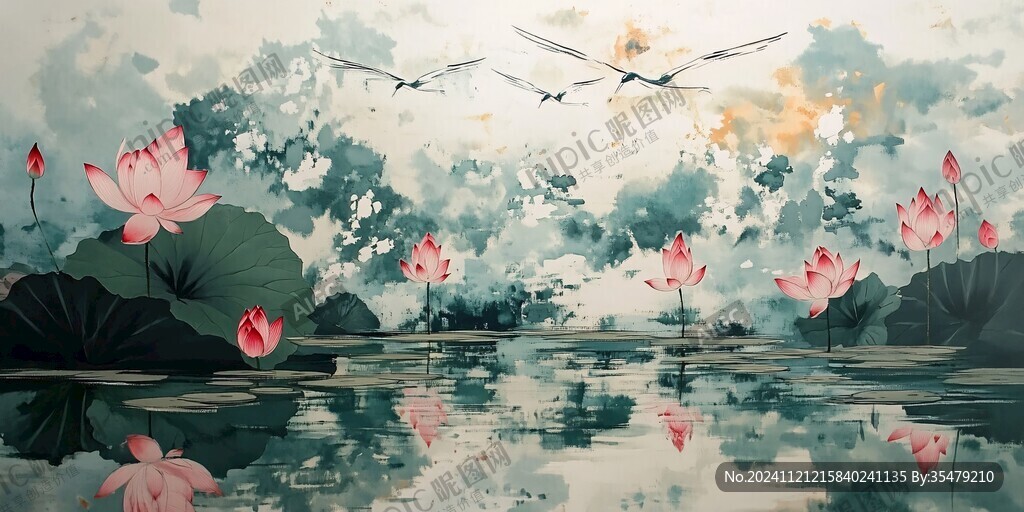 轻奢水墨荷花背景墙