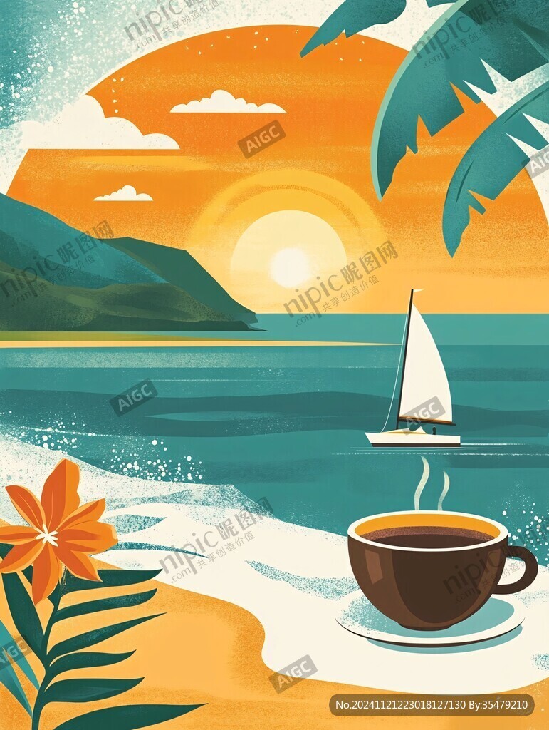 海边落日插画