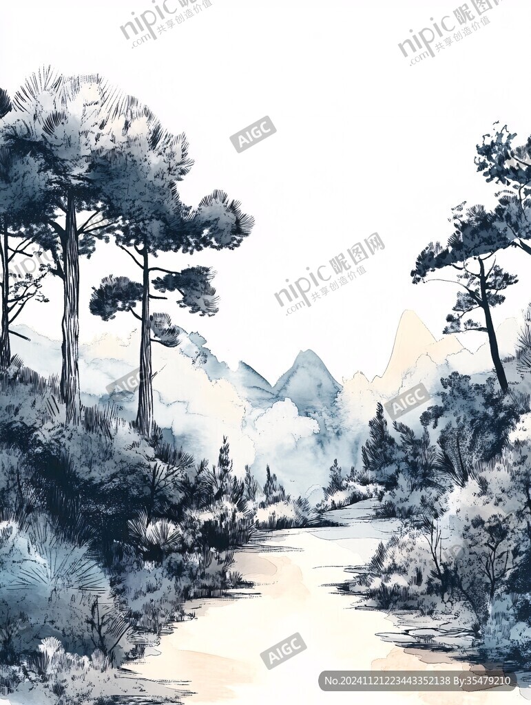 手绘古风松树山水插画