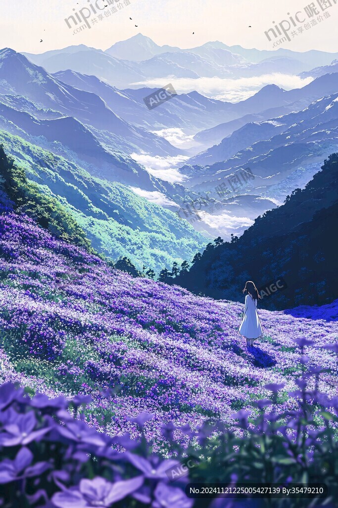 紫色花海里的少女