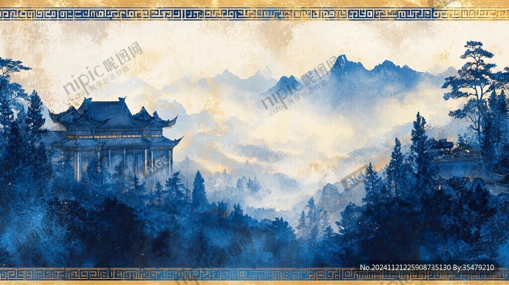 山水画古建筑背景墙