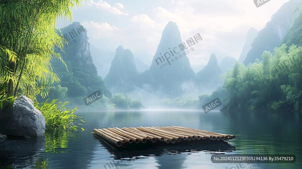 竹林河流山水