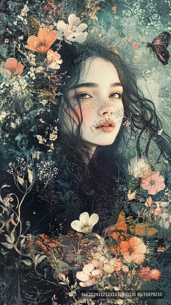 插画女孩与蝶