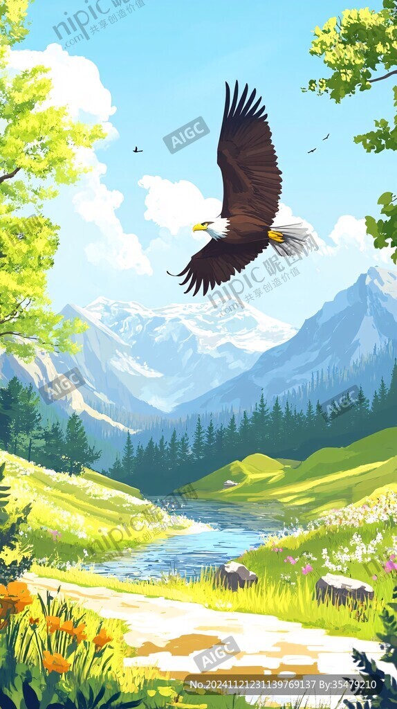 手绘鹰森林装饰画