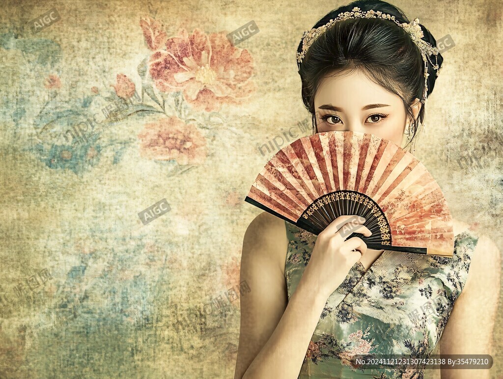 拿折扇的旗袍美女