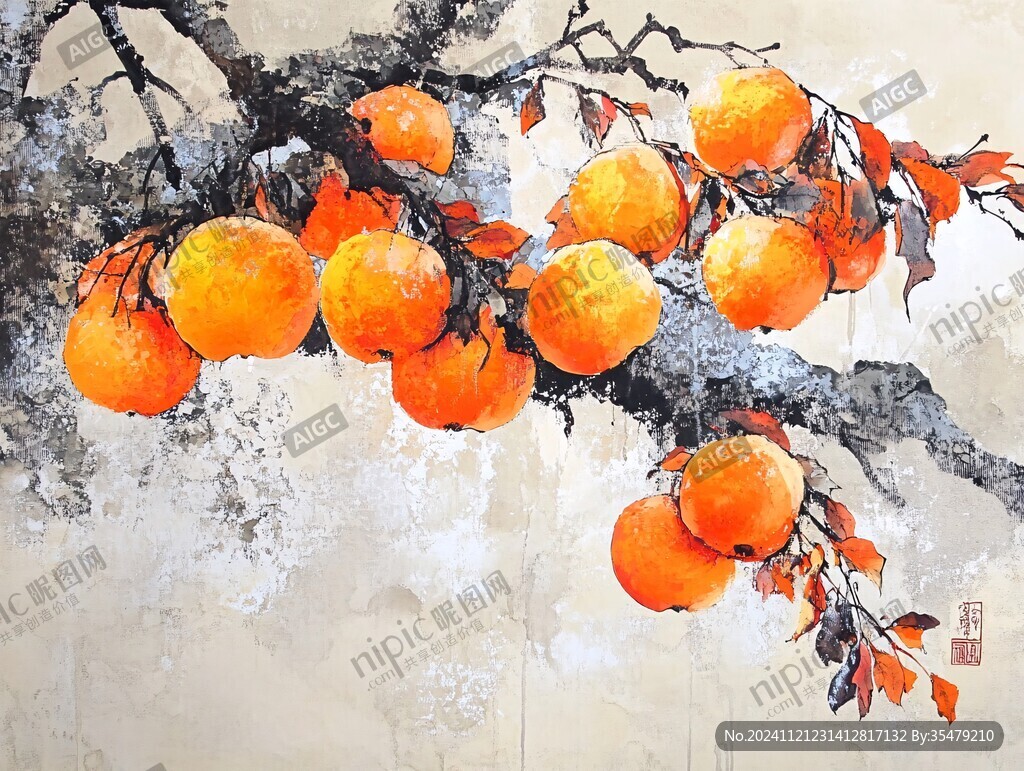手绘柿果图