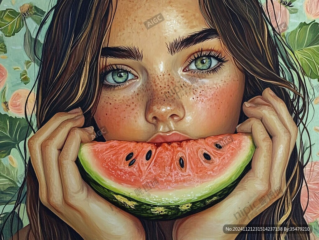 捧西瓜女孩绘画
