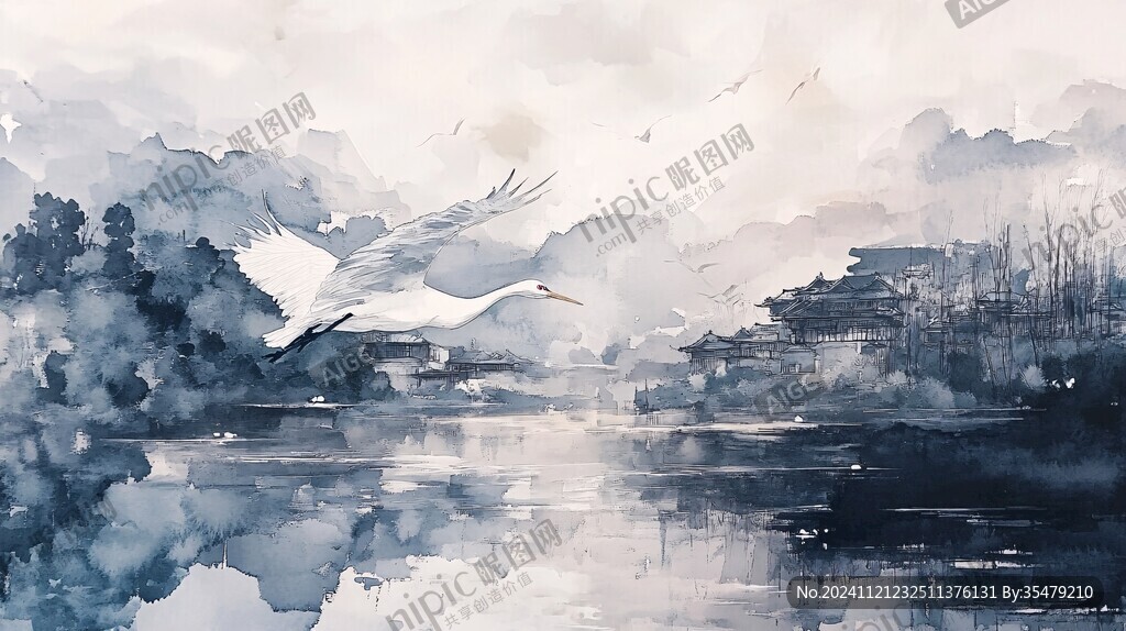 仙鹤古风山水插画