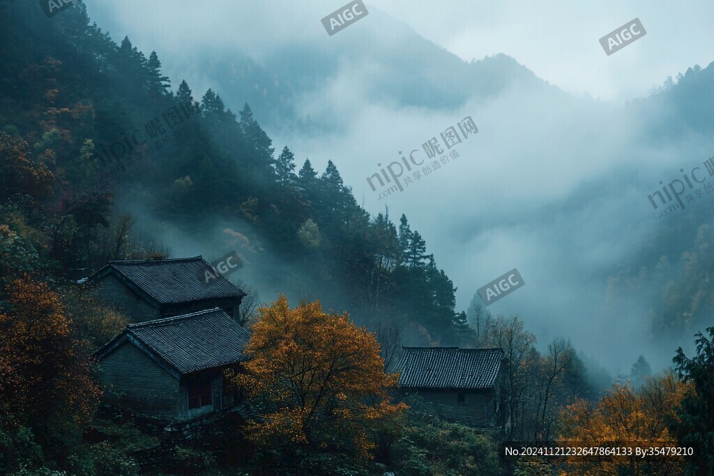 云雾森林秋色深山