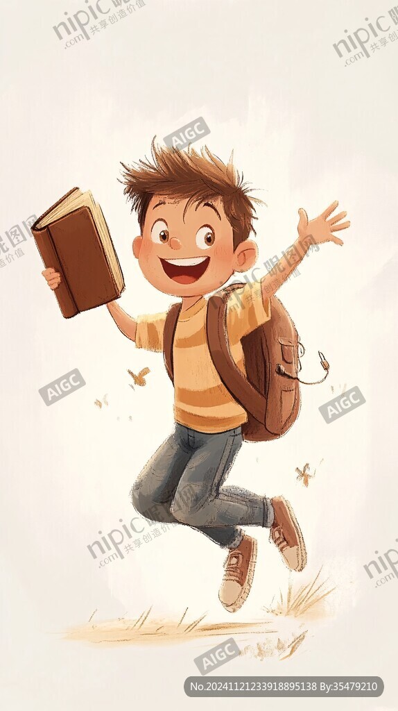 手绘奔跑上学的少年