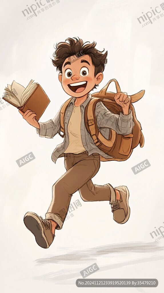 背着书包奔跑的小男孩