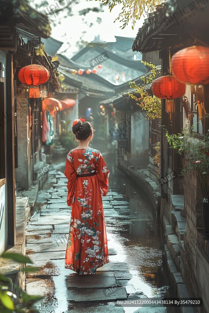 古镇美女背影