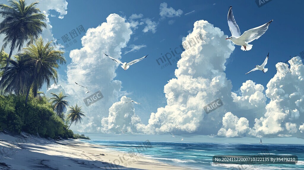 唯美海岸风景插画