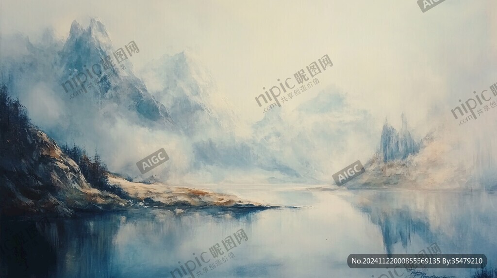 油画远山群山倒影云雾